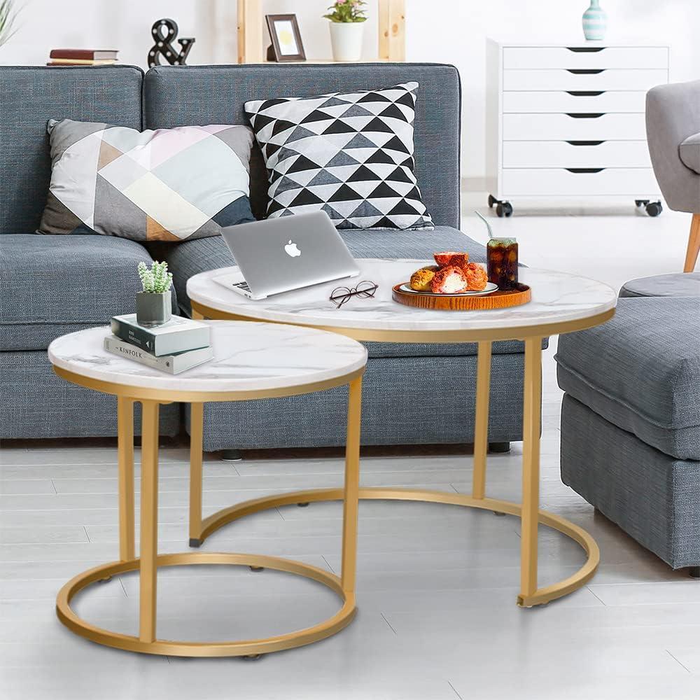 White Marble and Gold Round Nesting Coffee Table Set