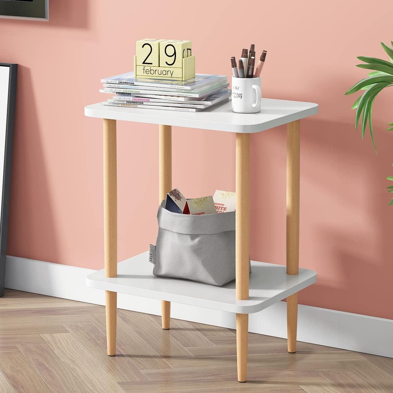 White and Beech Wood 2-Tier Rectangular Side Table