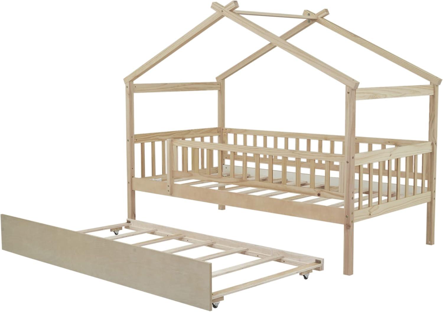 Twin House Bed with Trundle, House Bed for Kids, Wooden Daybed Twin Platform Bed Frame with Guardrails and Roof, for Girls Boys, Easy Assembly (Twin Size, Natural)