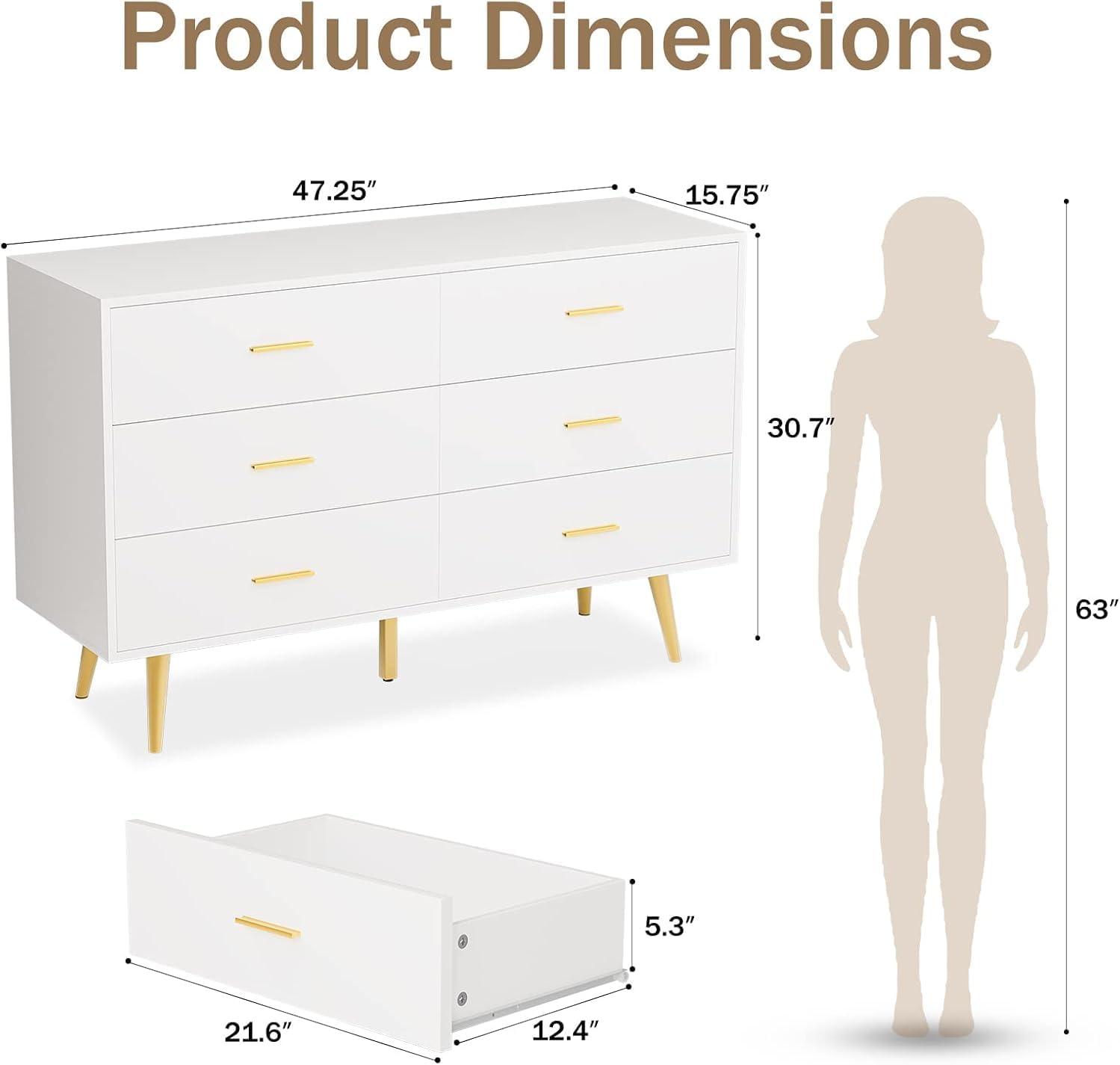 White Dresser with 6 Drawer for Bedroom,  RESOM Modern Chest with Golden Legs & Handles, Wooden Dressers for Living Room, Hallway, Nursery