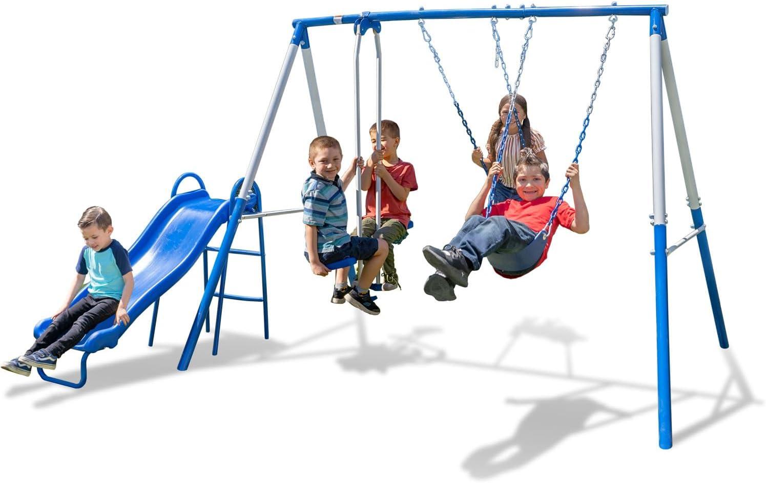 Sportspower Albany Metal Swing Set with 2 Person Glider Swing, 2 Adjustable Sling Swing Seats, and 5' Double Wall Slide with Lifetime Warranty