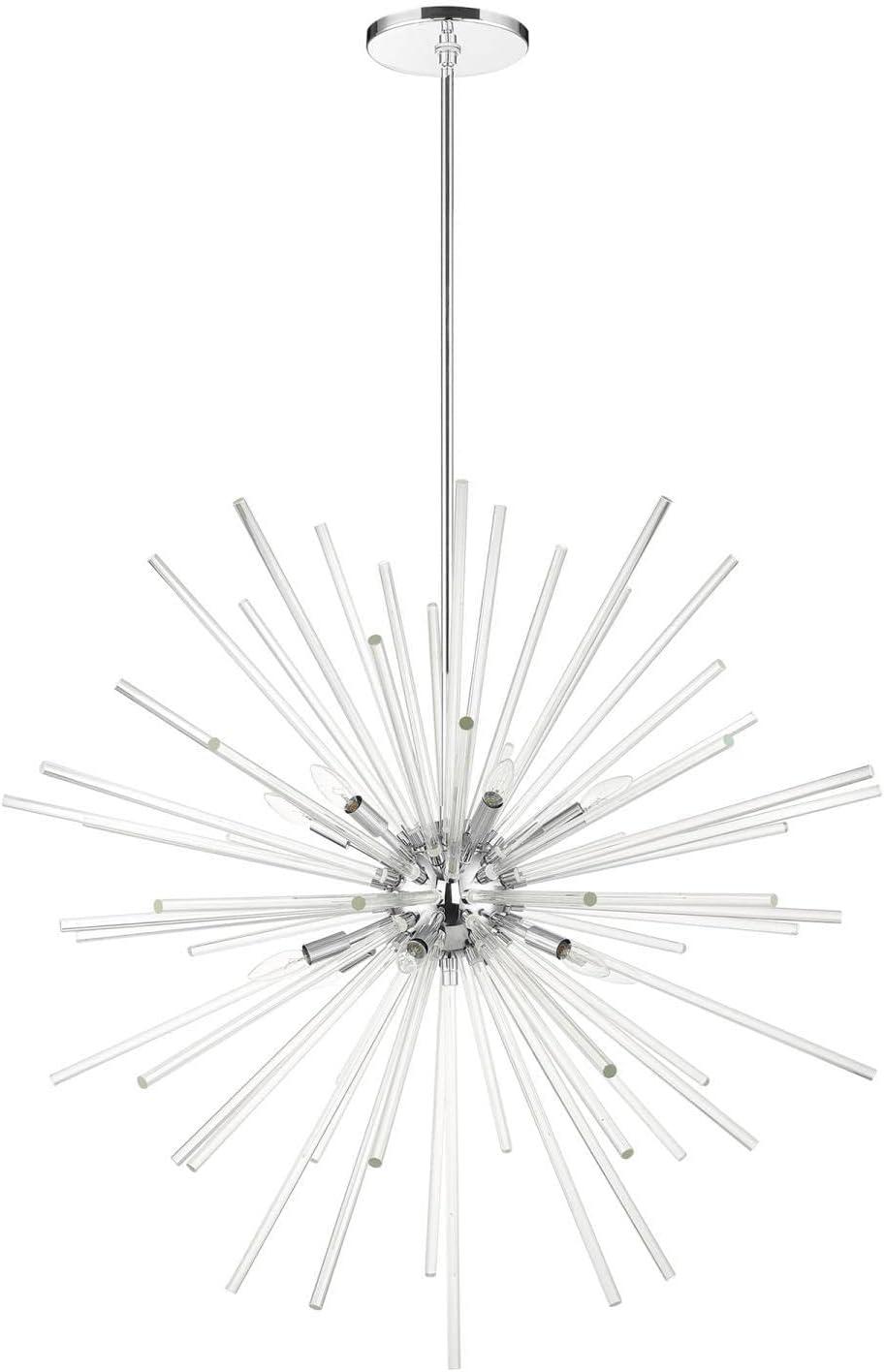Polished Chrome 12-Light Foyer Pendant Chandelier with Clear Crystal Rods
