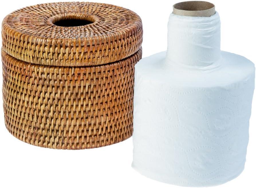 Kouboo La Jolla Handwoven Rattan Toilet Roll Stand, Toilet Paper Cover, Storage Single Roll And Tissues Protector In Bathroom, Round Toilet Holder Basket, Honey Brown