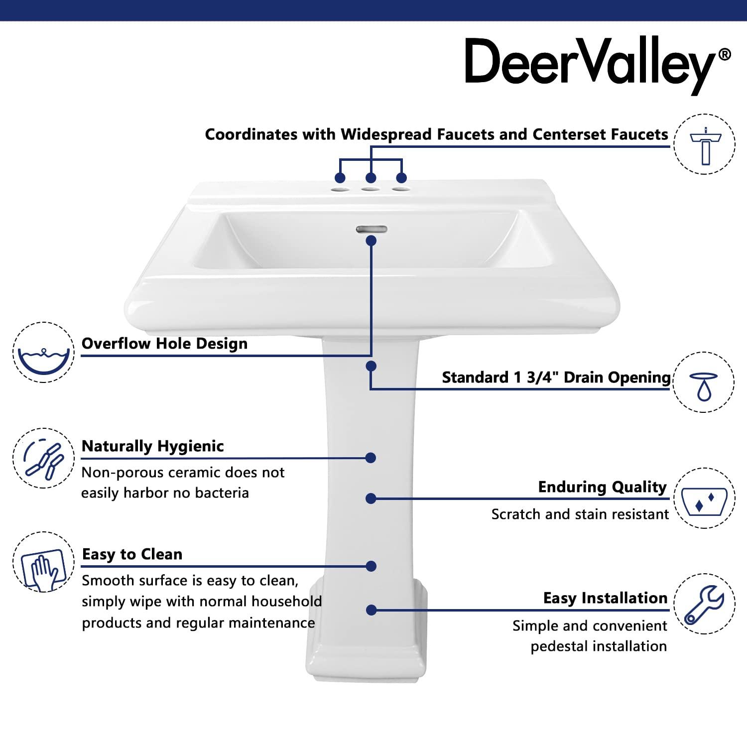 DeerValley Apex 34" Tall Rectangular Vitreous China Pedestal Bathroom Sink with Overflow DV-1P521