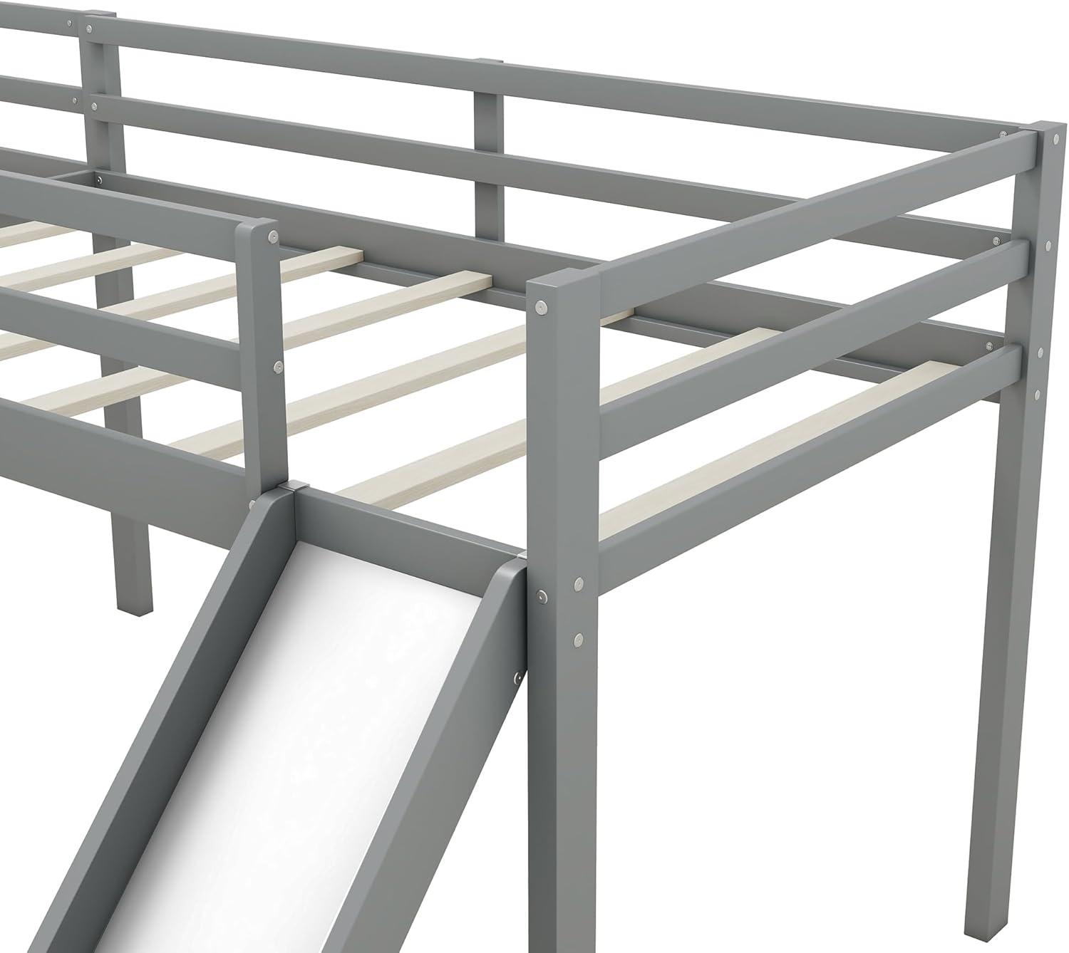 Harper & Bright Designs L-Shaped Loft Bed with Slide, Wooden Low Loft Beds for 2 Kids, Twin Size Low Loft Bed with Built-in Ladders, Gray