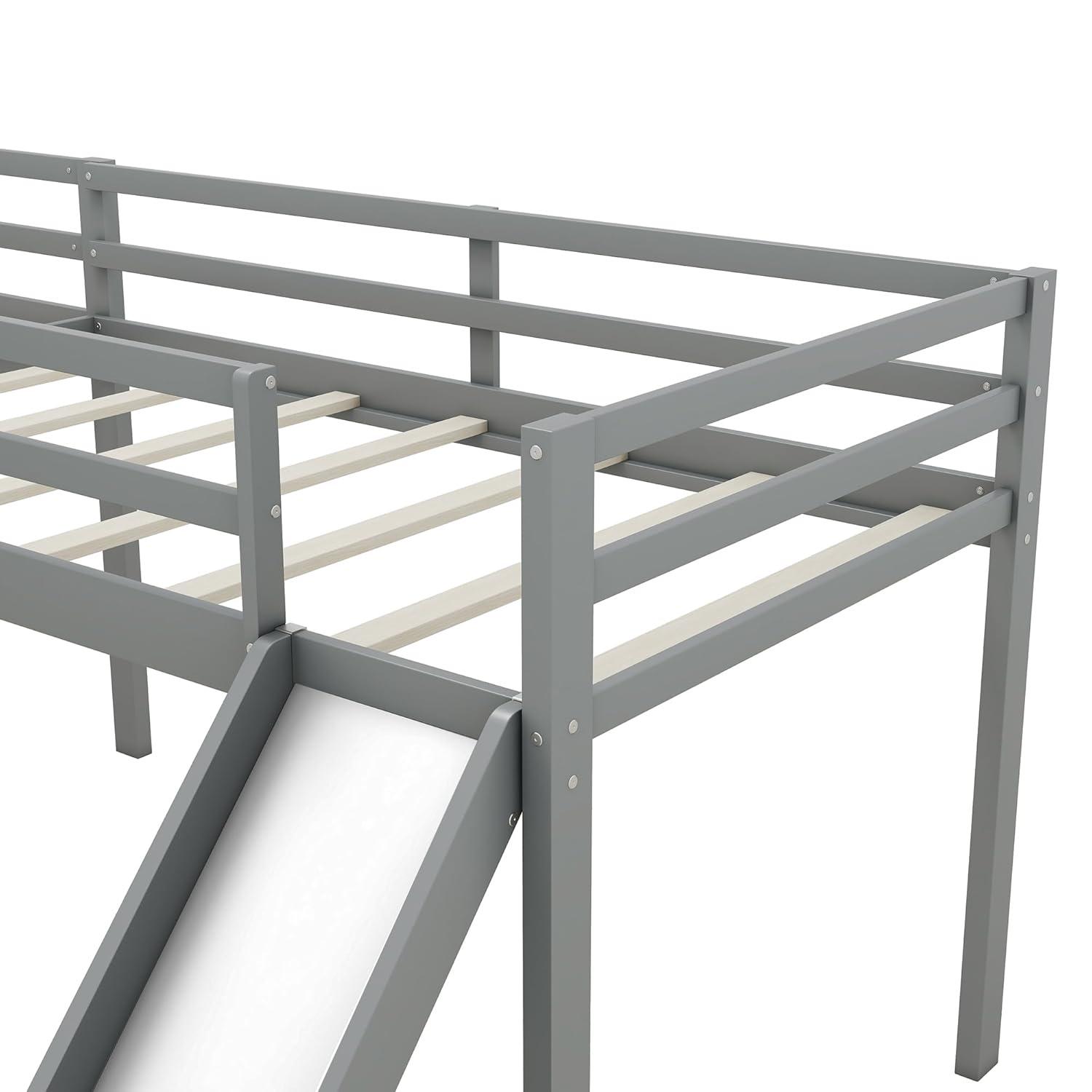 Harper & Bright Designs L-Shaped Loft Bed with Slide, Wooden Low Loft Beds for 2 Kids, Twin Size Low Loft Bed with Built-in Ladders, Gray