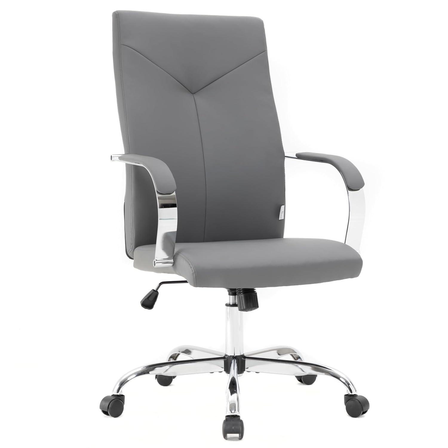 LeisureMod Sonora High-Back Leather Office Chair with Adjustable Height, Swivel, and Tilt in Grey