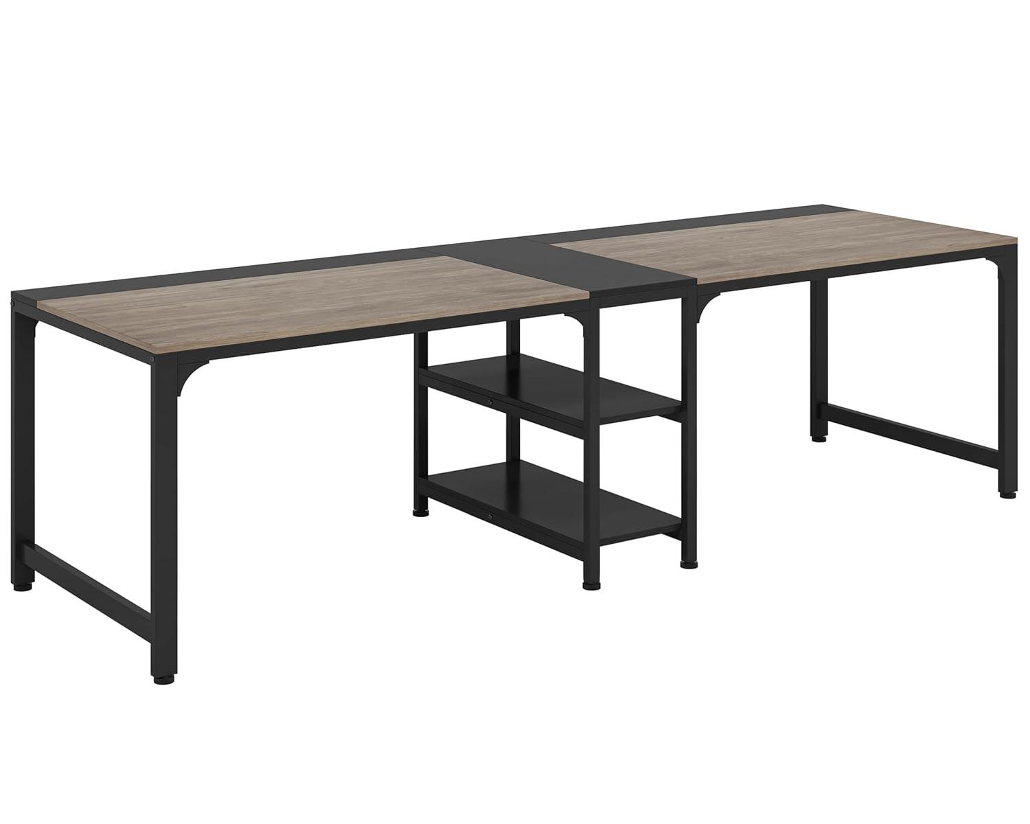 LITTLE TREE 90.55" Double Desk with Storage Shelf Gray/Black