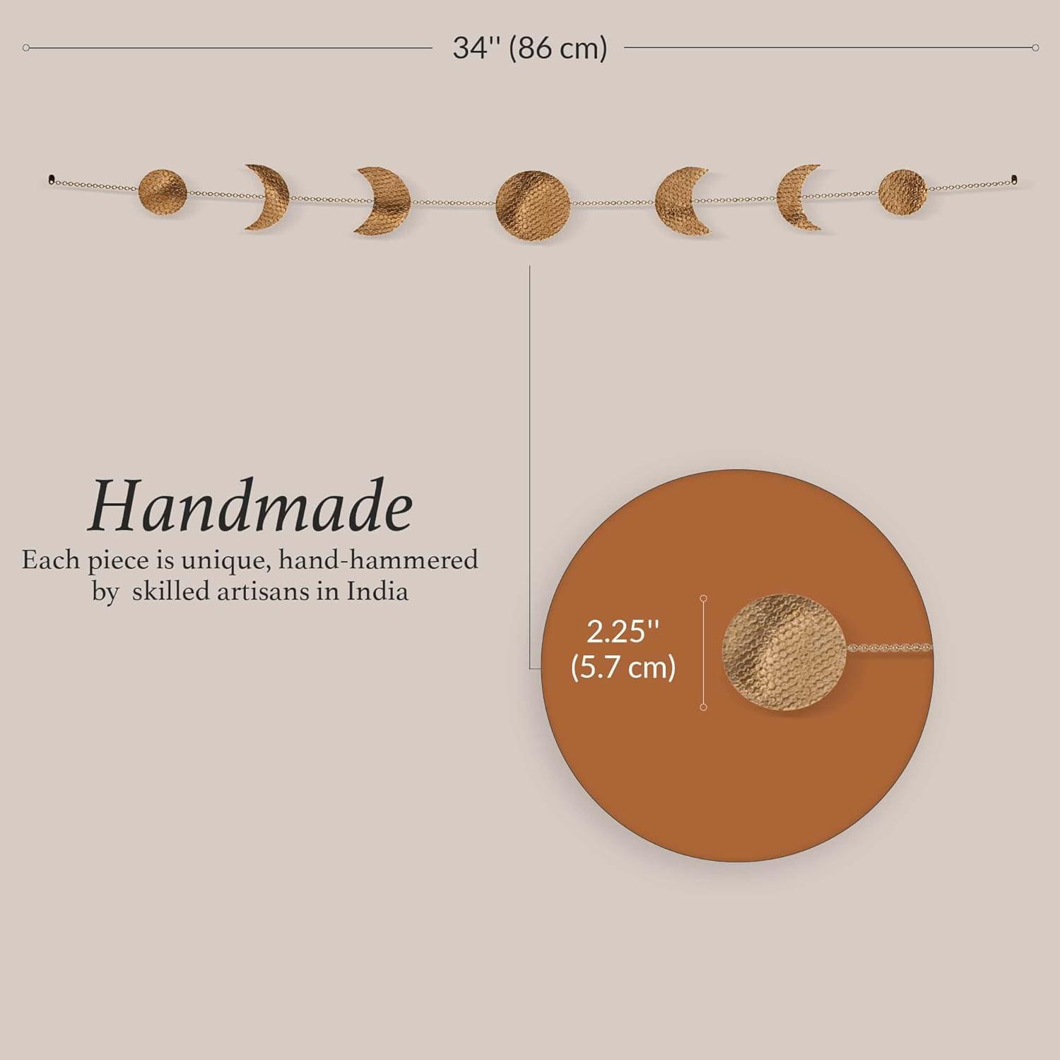 Elegant Bohemian Aesthetic, Moon Phase Wall Decor With Glowing Phases, Handmade Hammered Gold Metal Vertical Wall Art For Shelves, Bedside Tables, Mirrors