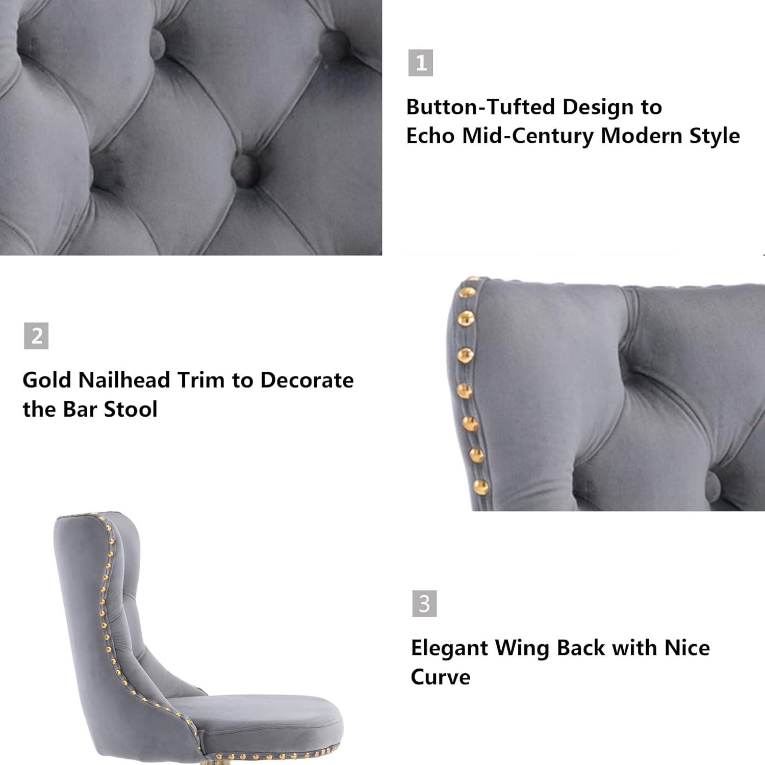 Grey Velvet Swivel Bar Stools Set of 2 with Upholstered Back, Adjustable Counter Height Barstools, Bar Chairs for Home Bar Kitchen Island Pub Restaurant (2 Pcs, Gray)