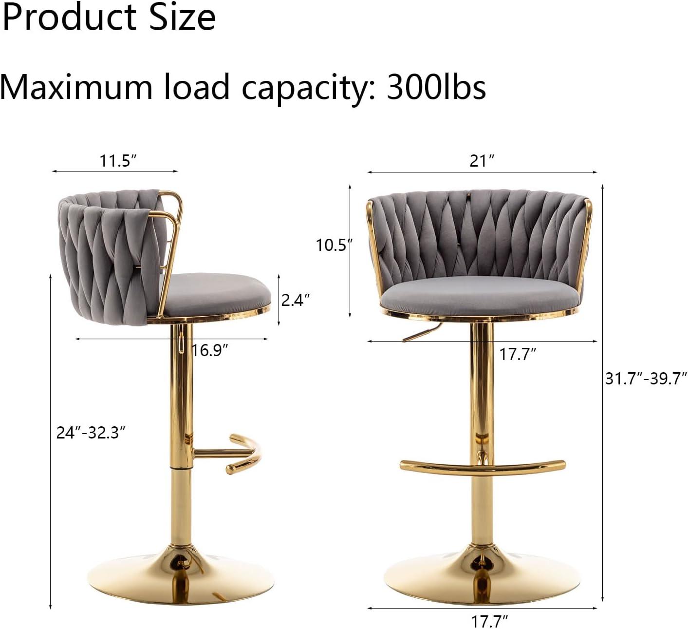 Velvet Bar Stools Set of 2, Counter Height Bar Stools with Low Back, Gold Swivel Barstools for Kitchen Island, Bar Pub (Grey)