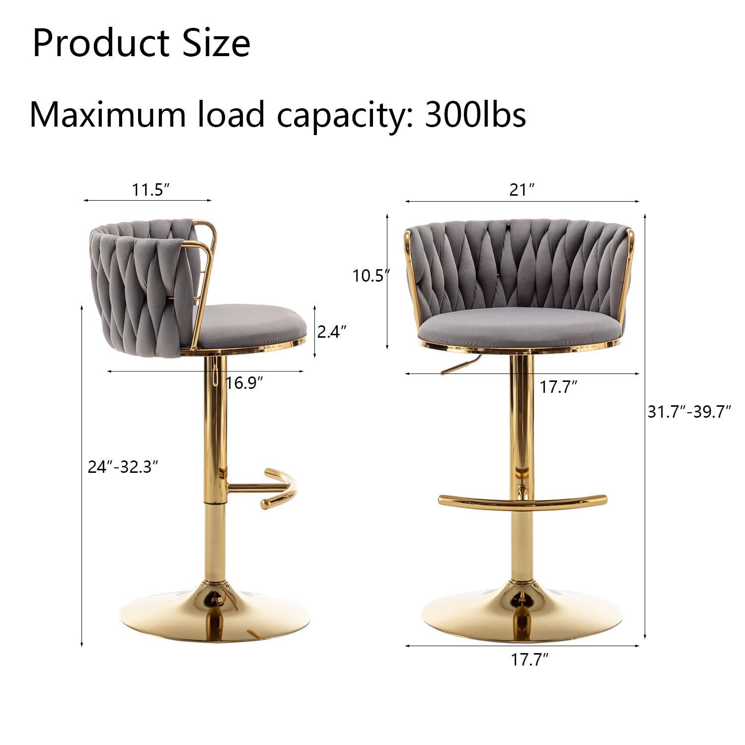 Velvet Bar Stools Set of 2, Counter Height Bar Stools with Low Back, Gold Swivel Barstools for Kitchen Island, Bar Pub (Grey)