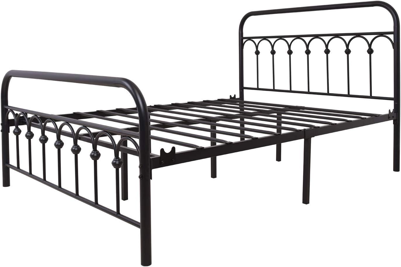 TUSEER Metal Bed Frame Full Size with Vintage Headboard and Footboard Platform Base Wrought Iron (Black)