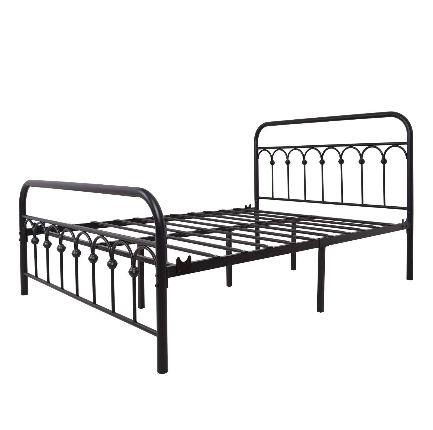 TUSEER Metal Bed Frame Full Size with Vintage Headboard and Footboard Platform Base Wrought Iron (Black)