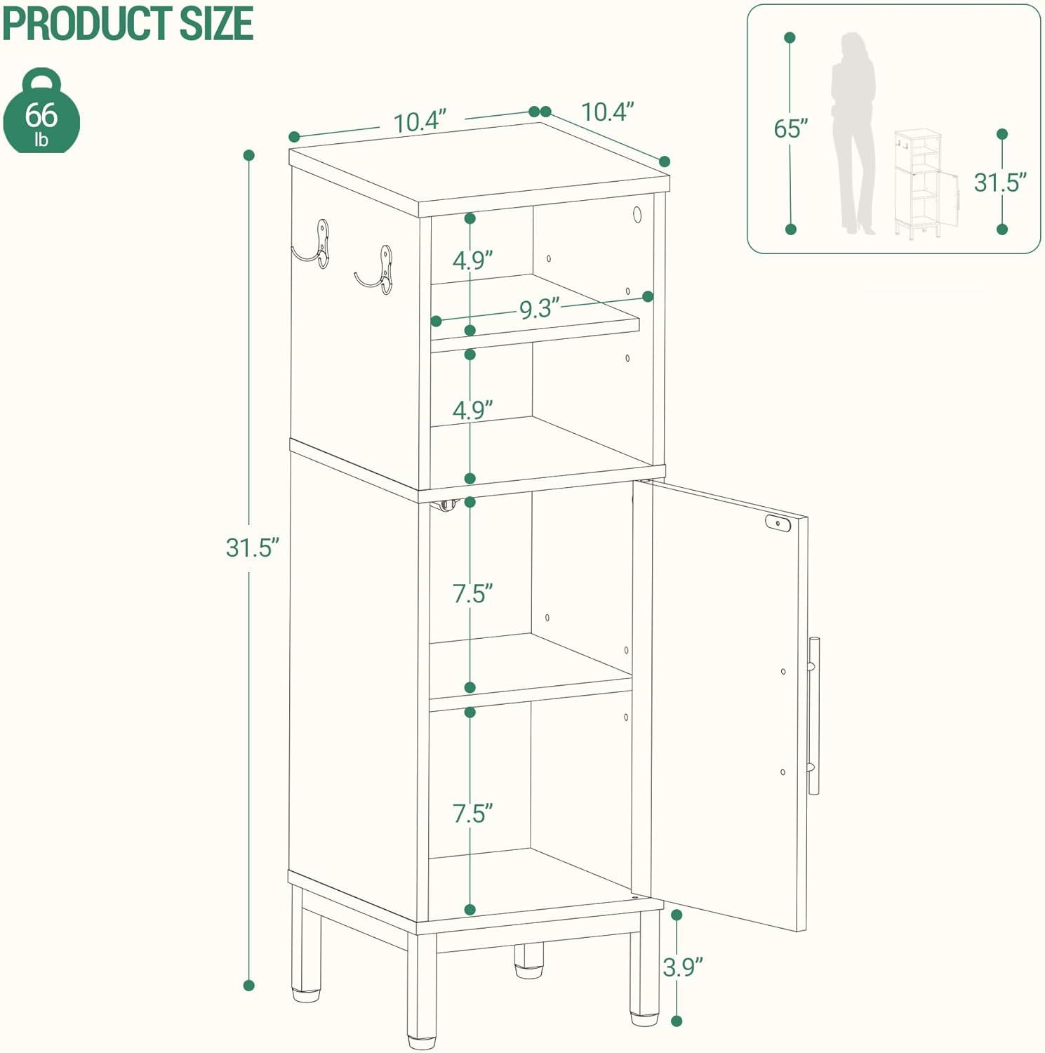 Bathroom Storage Cabinet, Corner Floor Cabinet with Door & Shelves, 2Hooks, Small Narrow Storage Organizer, Toilet Paper Cabinets for Small Space, White SC06313G