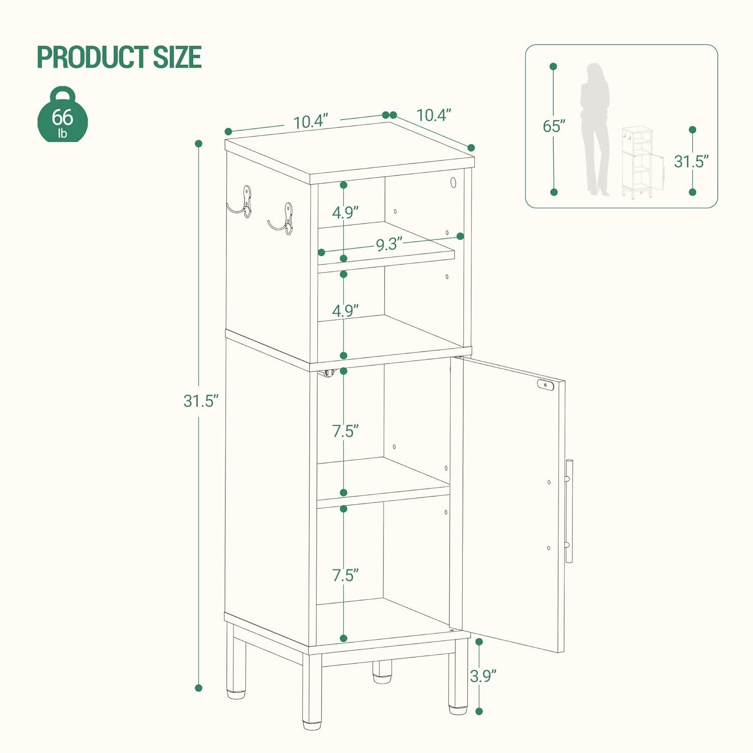 Bathroom Storage Cabinet, Corner Floor Cabinet with Door & Shelves, 2Hooks, Small Narrow Storage Organizer, Toilet Paper Cabinets for Small Space, White SC06313G