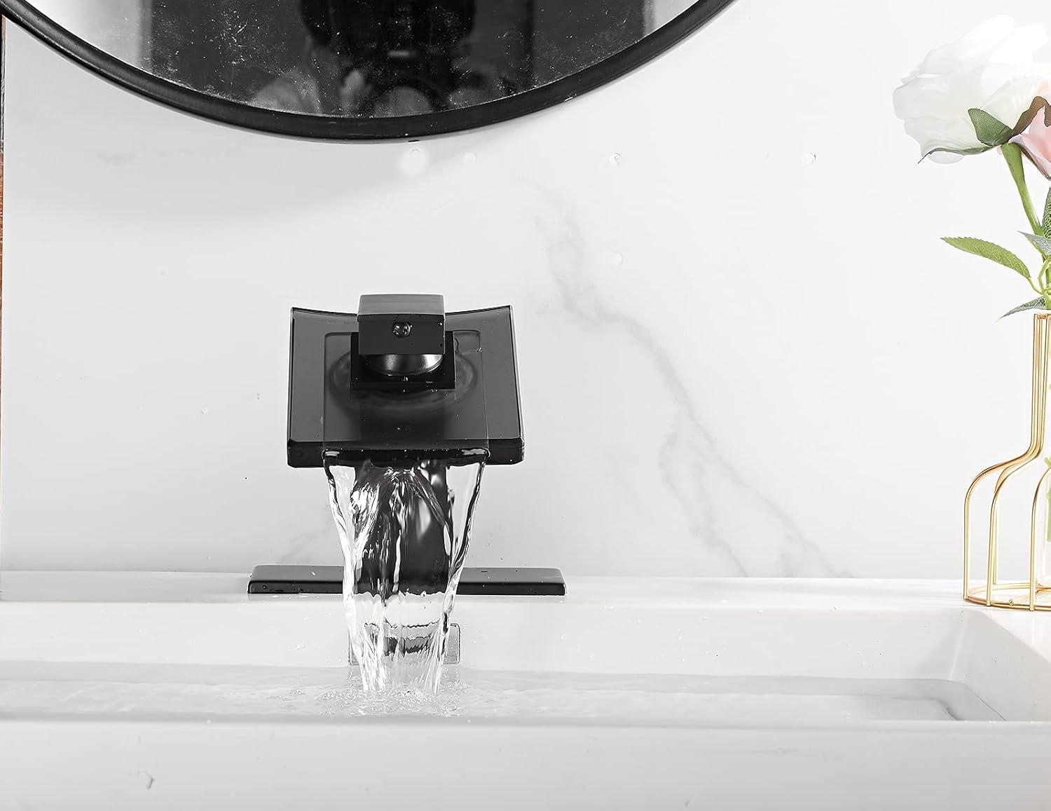 Matte Black Bathroom Faucet with Glass Waterfall Design, Single Handle for Sink, Modern Vanity Faucets with Supply Lines, Lavatory Basin Bath Mixer Tap, Deck Mounted