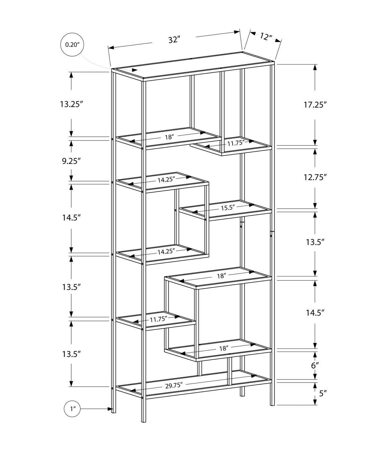 Alieon 7159 Bookshelf, Bookcase, Etagere, Office, Bedroom, Metal, Tempered, Contemporary, Modern Bookcase-72, 32" L x 12" W x 72" H, White/Clear Glass