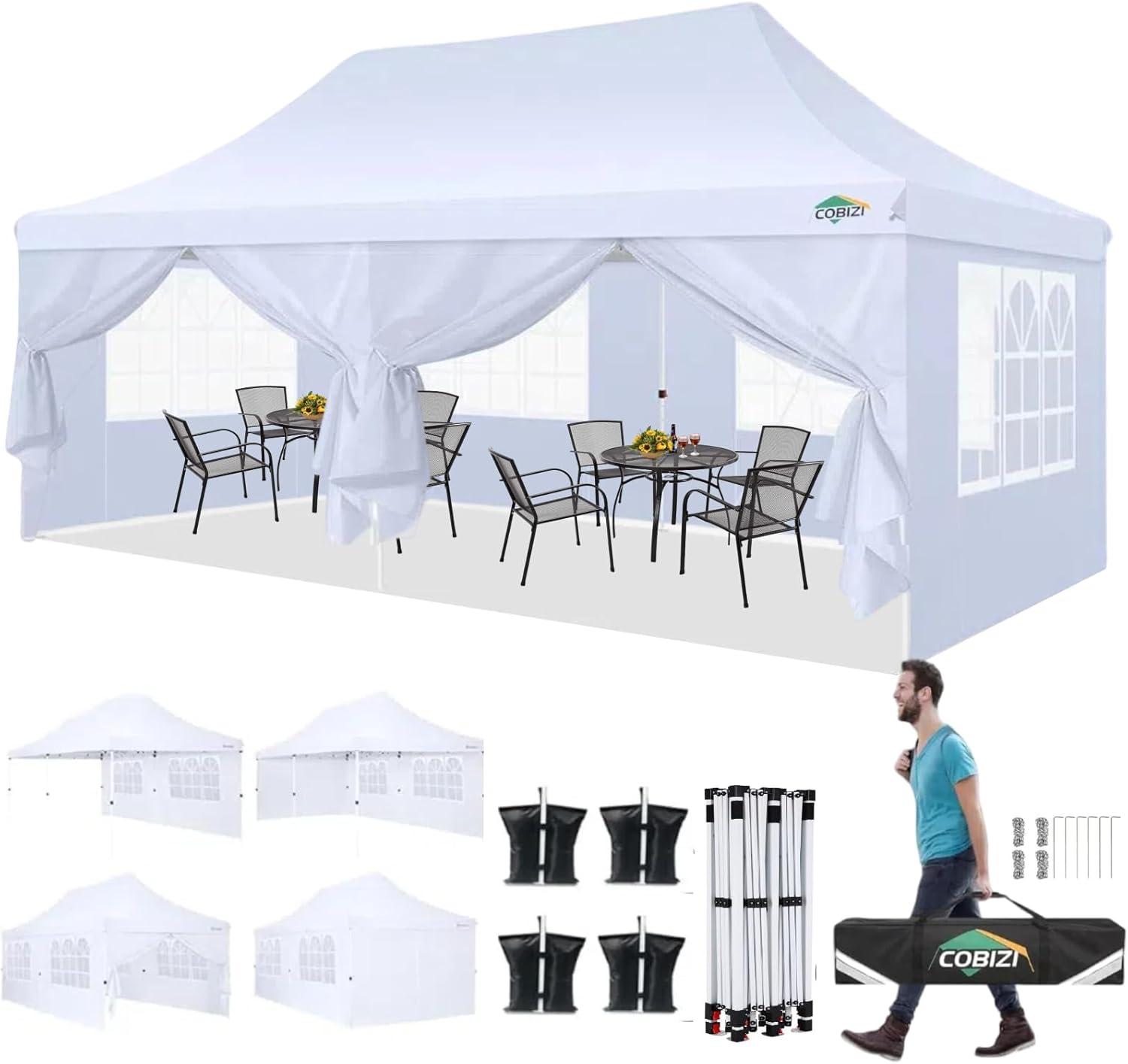 COBIZI 10x20 Pop Up Canopy with 6 Sidewalls,Waterproof Instant Party Tents for Weddings & Parties, Easy Up Commercial Canopy Tent,UPF 50+ UV Protection, 3-Height Adjustable Frame & 4 Sandbags White