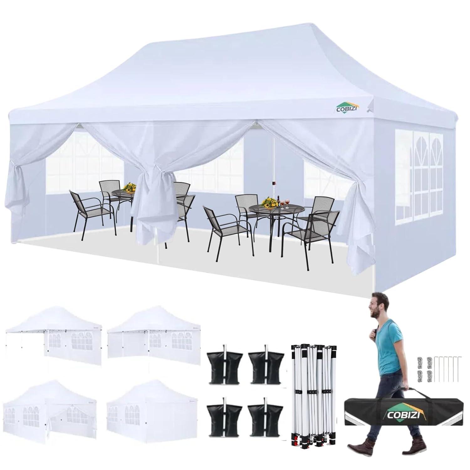 COBIZI 10x20 Pop Up Canopy with 6 Sidewalls,Waterproof Instant Party Tents for Weddings & Parties, Easy Up Commercial Canopy Tent,UPF 50+ UV Protection, 3-Height Adjustable Frame & 4 Sandbags White