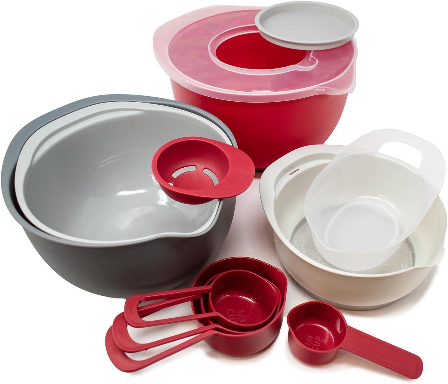 12-Piece Red and Gray Plastic Nested Mixing Bowls and Measuring Cups Set