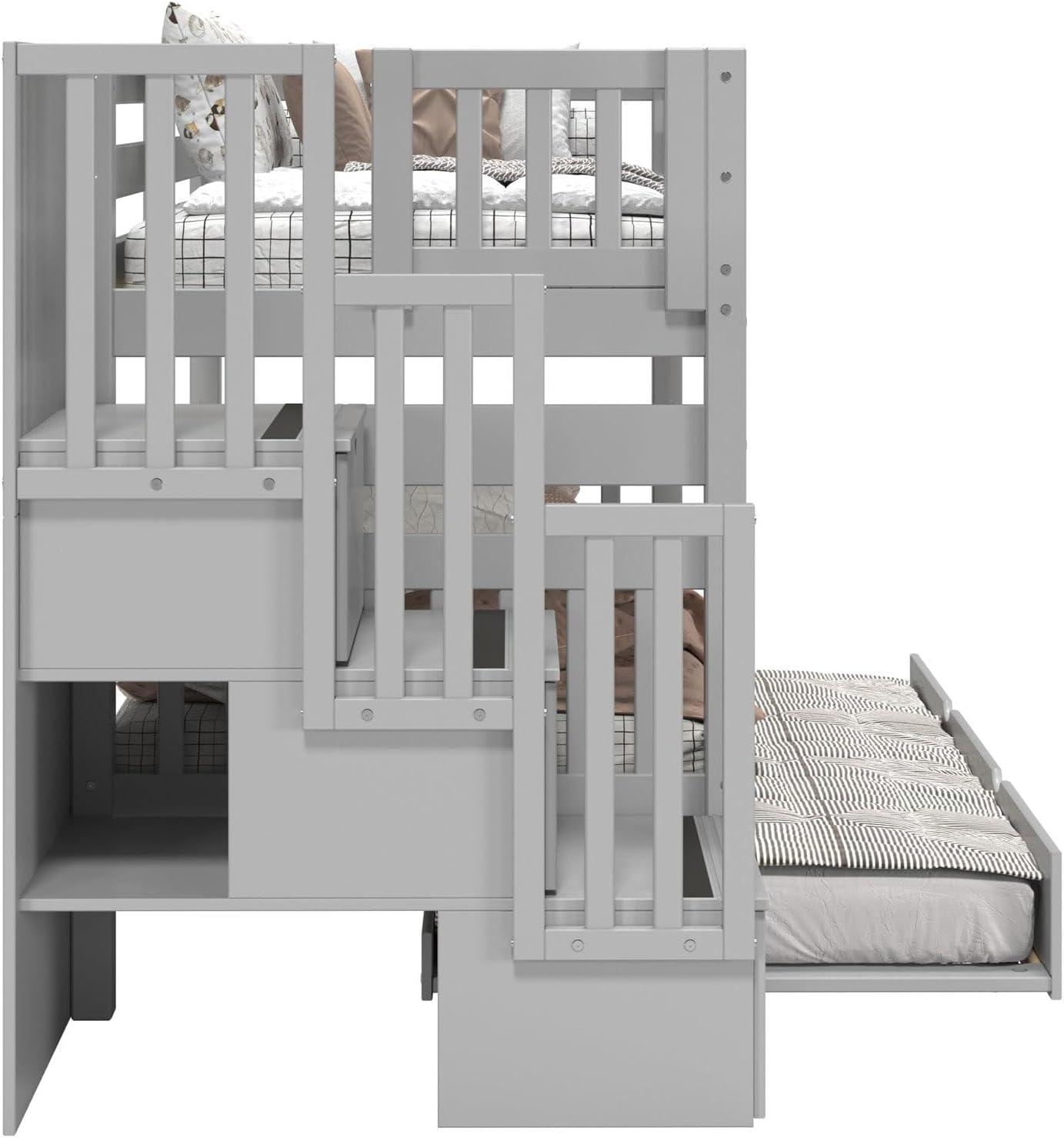 Bedz King Stairway Bunk Beds Twin over Twin with 3 Drawers in the Steps and a Twin Trundle, Gray