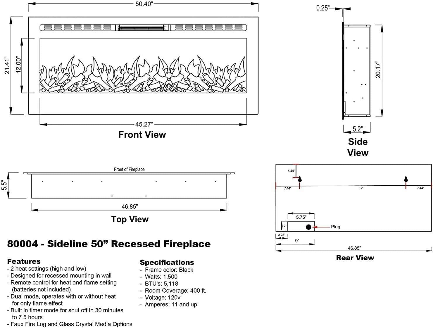 The Sideline Electric Fireplace for Recessed or Wall Mount Installation