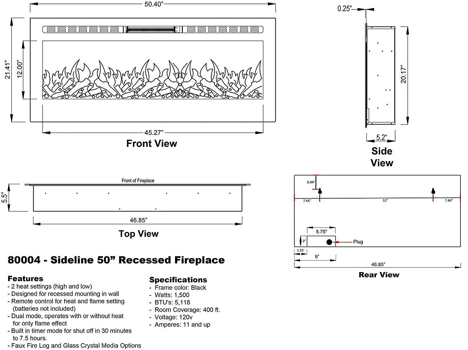 Touchstone The Sideline Electric Fireplace for Recessed or Wall Mount Installation