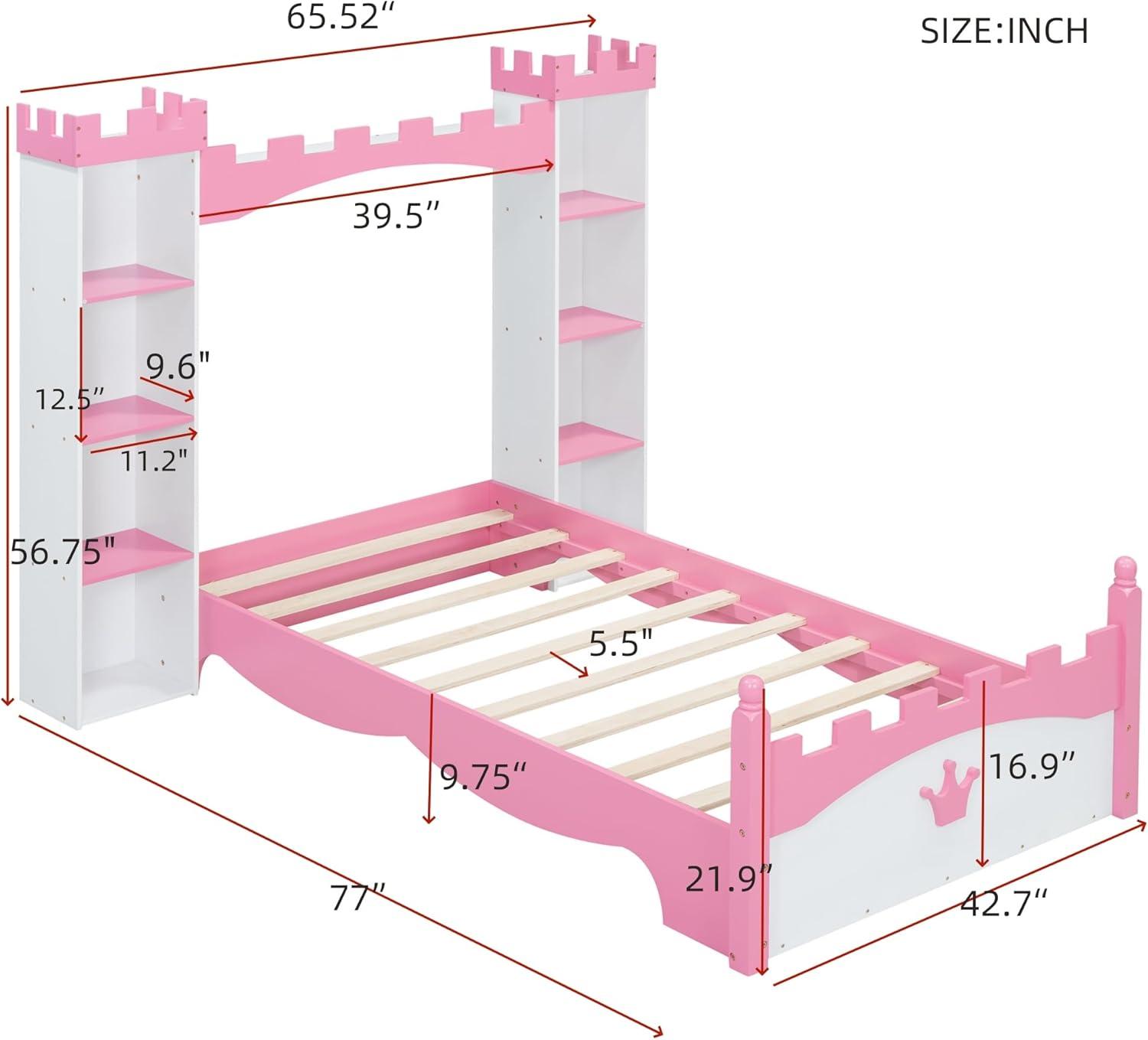SOFTSEA Twin Size Platform Bed with Storage Shelves, Castle Shaped Bed for Kids, Twin Size Princess Bed for Girls, Kids Twin Bed Frame, No Box Spring Needed, White