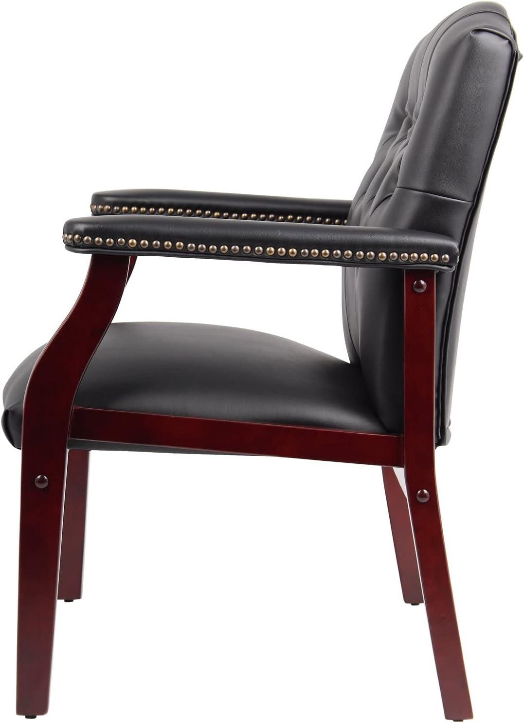 Classic Traditional Button Tufted Black Vinyl Guest Chair with Mahogany Wood Frame