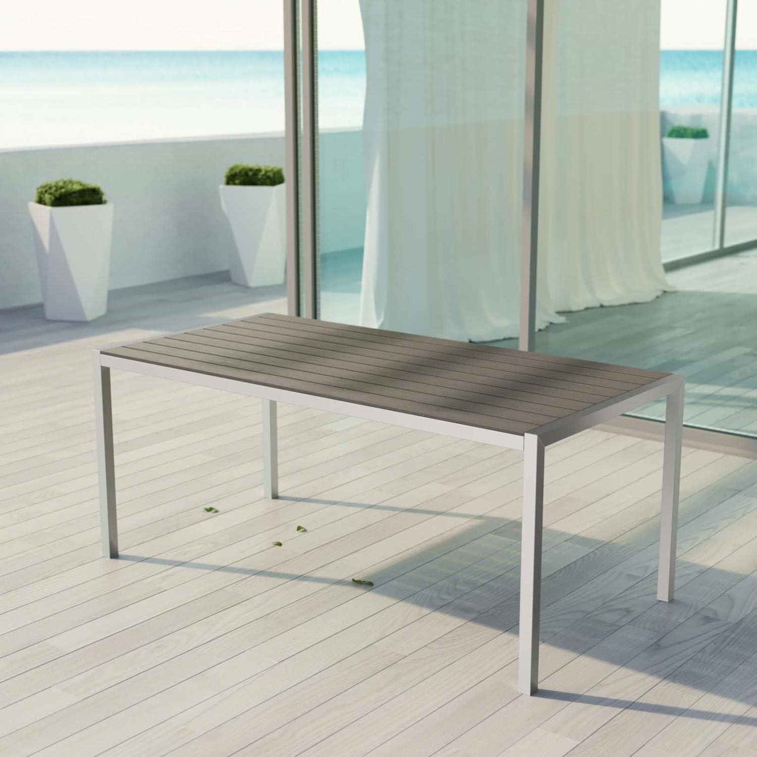 Silver Gray Aluminum and Wood Outdoor Dining Table