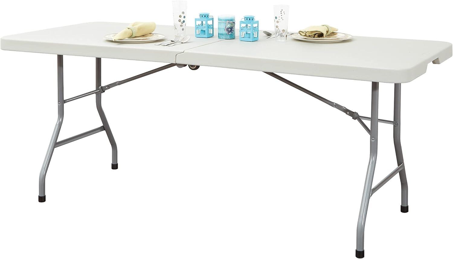 6 foot Resin Multi Purpose Center Light Gray Fold Table with Wheels