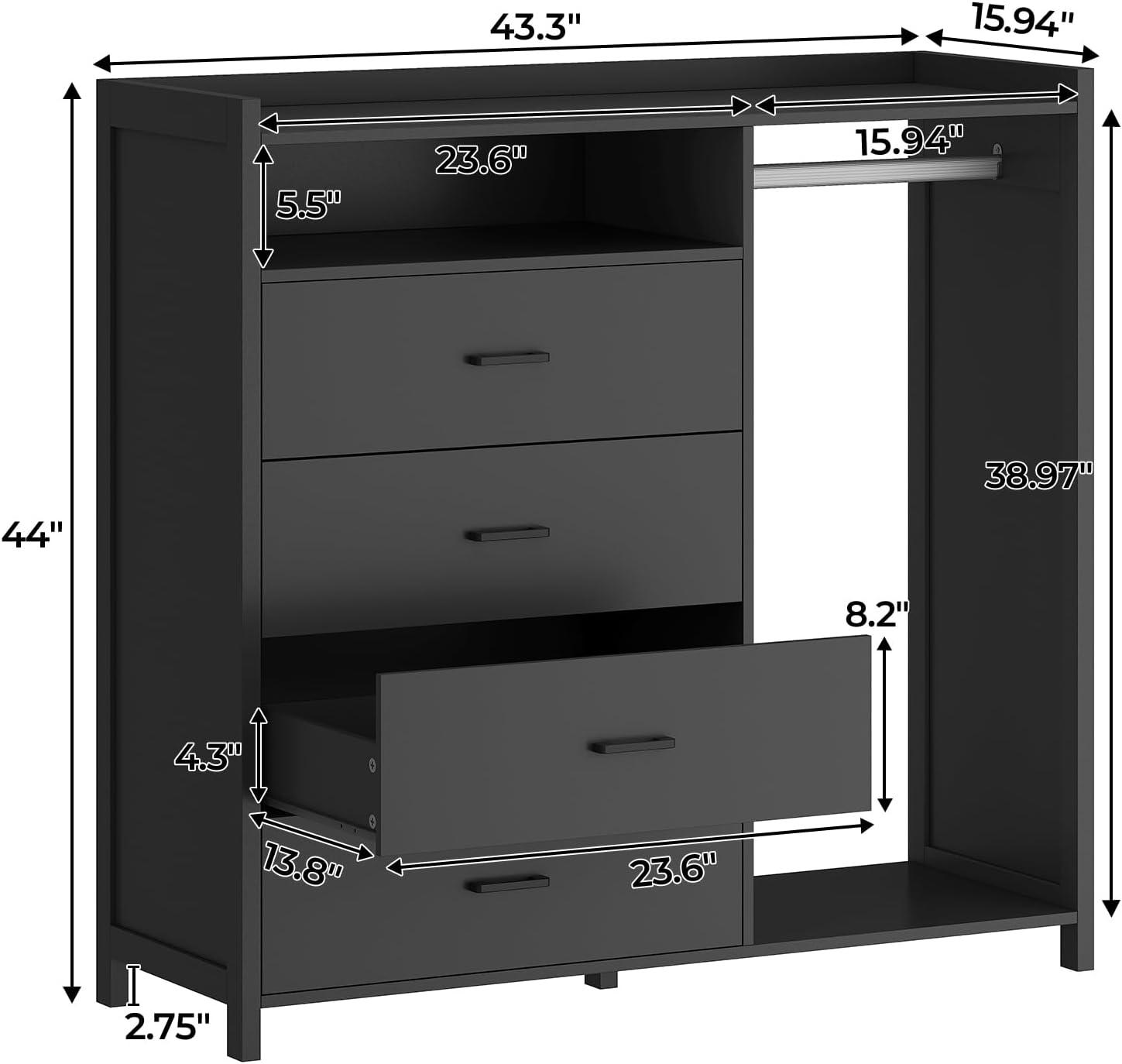 4 Drawer Dresser with Clothing Rack and LED Lights, Modern LED Dresser for Bedroom, Black