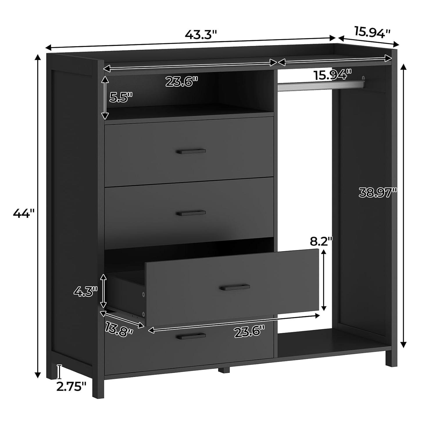 4 Drawer Dresser with Clothing Rack and LED Lights, Modern LED Dresser for Bedroom, Black