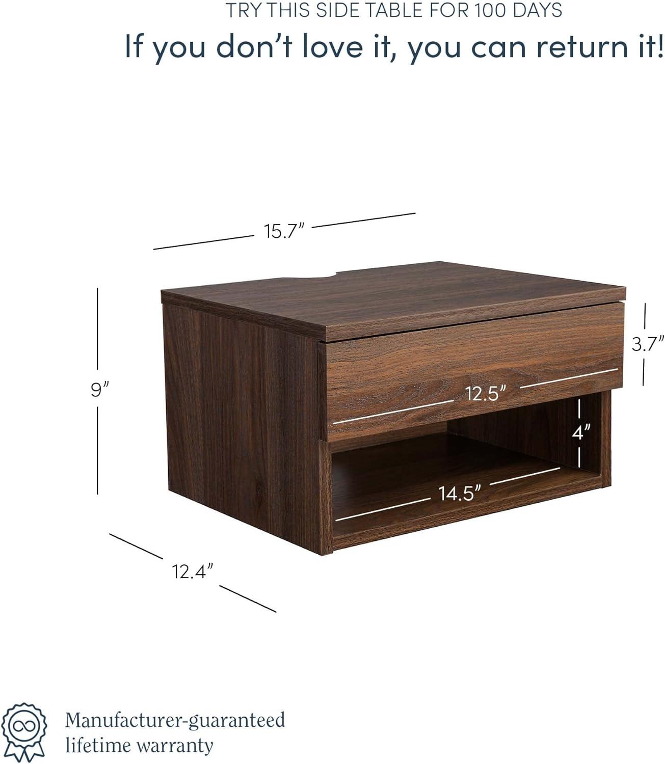 Walnut Floating Nightstand with Drawer and Open Shelf