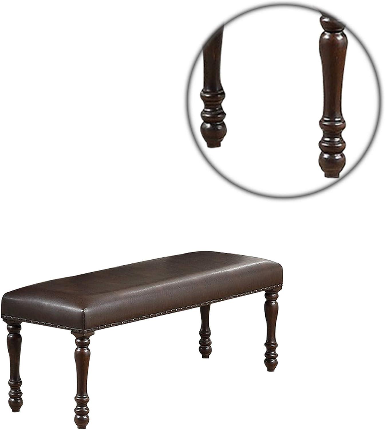 Nailhead Trim Faux Leather Dining Bench with Turned Legs Brown - Saltoro Sherpi
