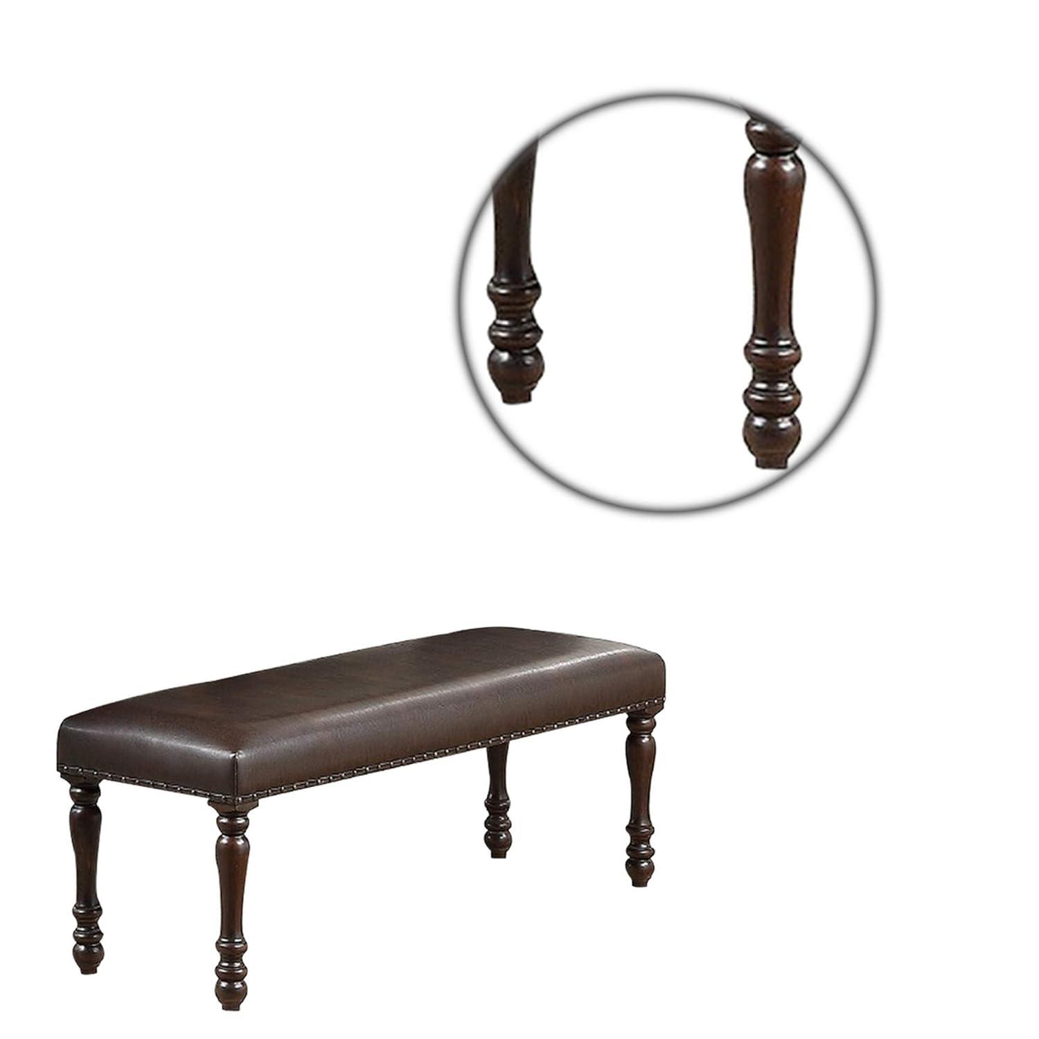 Nailhead Trim Faux Leather Dining Bench with Turned Legs Brown - Saltoro Sherpi