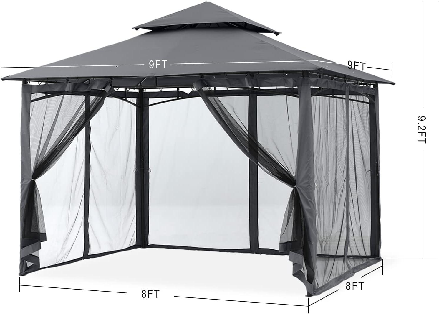 Dark Gray 8x8 Outdoor Gazebo with Steel Frame and Netting