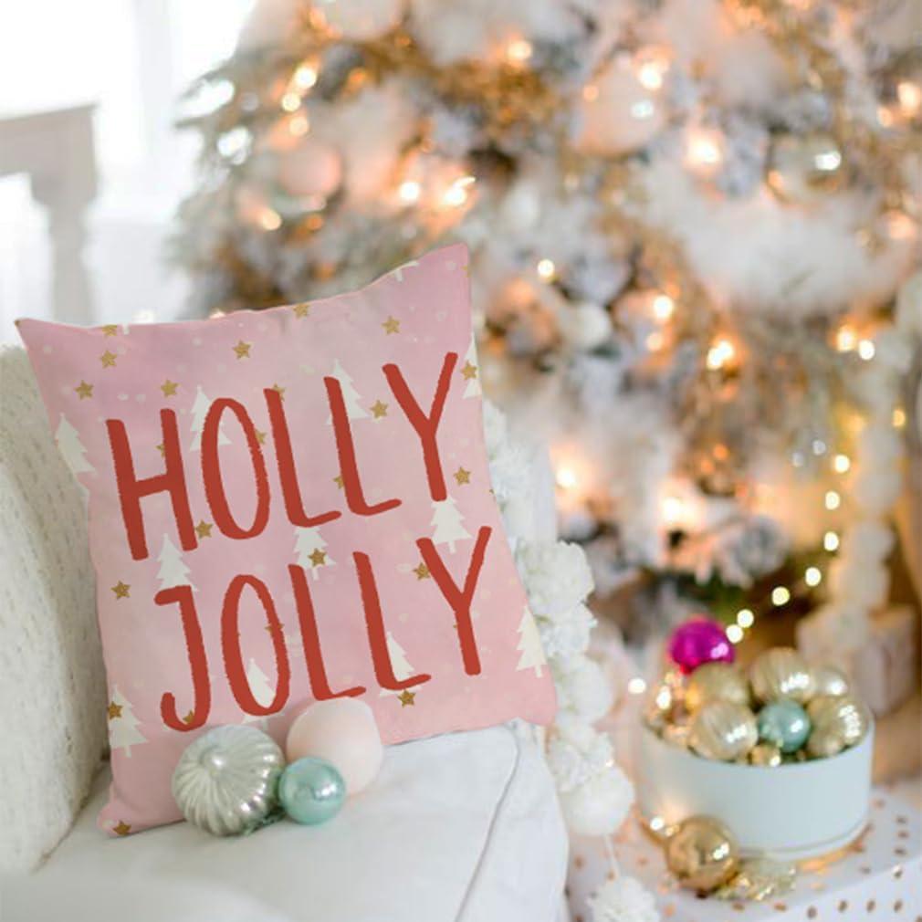 Pink Christmas Pillow Covers 18 x 18 Inch Set of 4 Striped Christmas Decorations Pink Christmas Tree Santa Claus Farmhouse Holiday Hello Winter Let it Snow Throw Pillows Cushion Case for Sofa Couch