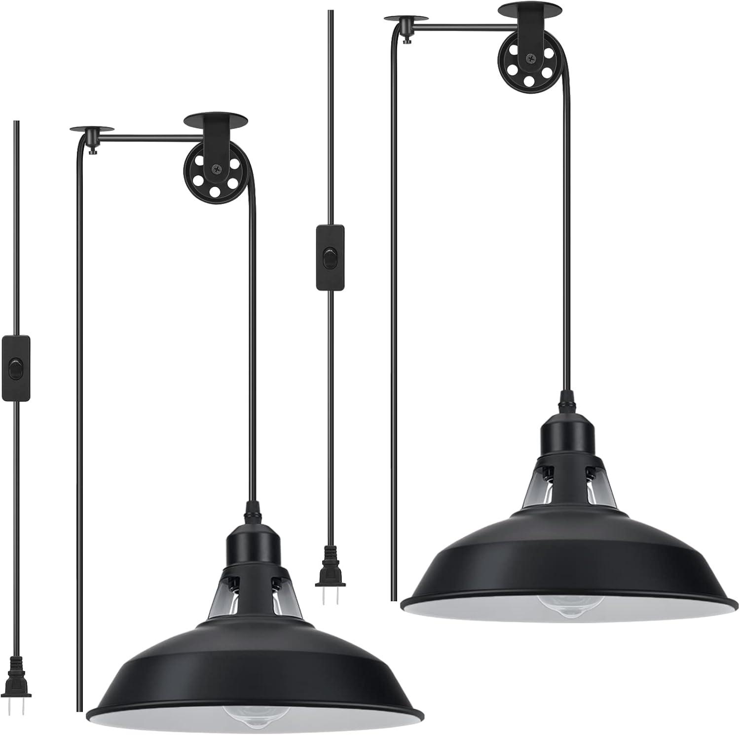 Plug in Pendant Light, Hanging Lamp with Black Barn Pendant Lighting with 14.76ft Cord On/Off Switch, Adjustable Pulley Hanging Pendant Lighting for Kitchen Bedroom Restaurant 2 Pack