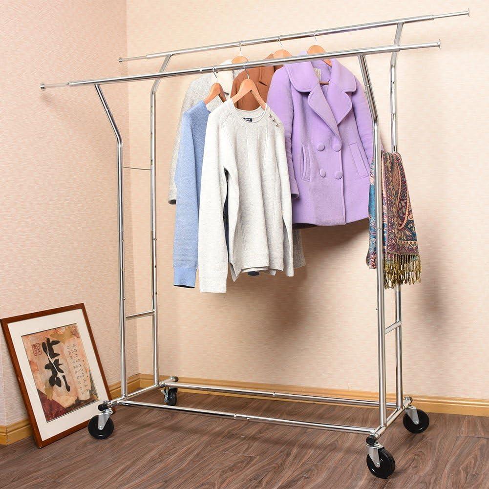 Chrome Portable Heavy-Duty Rolling Garment Rack with Adjustable Shelves