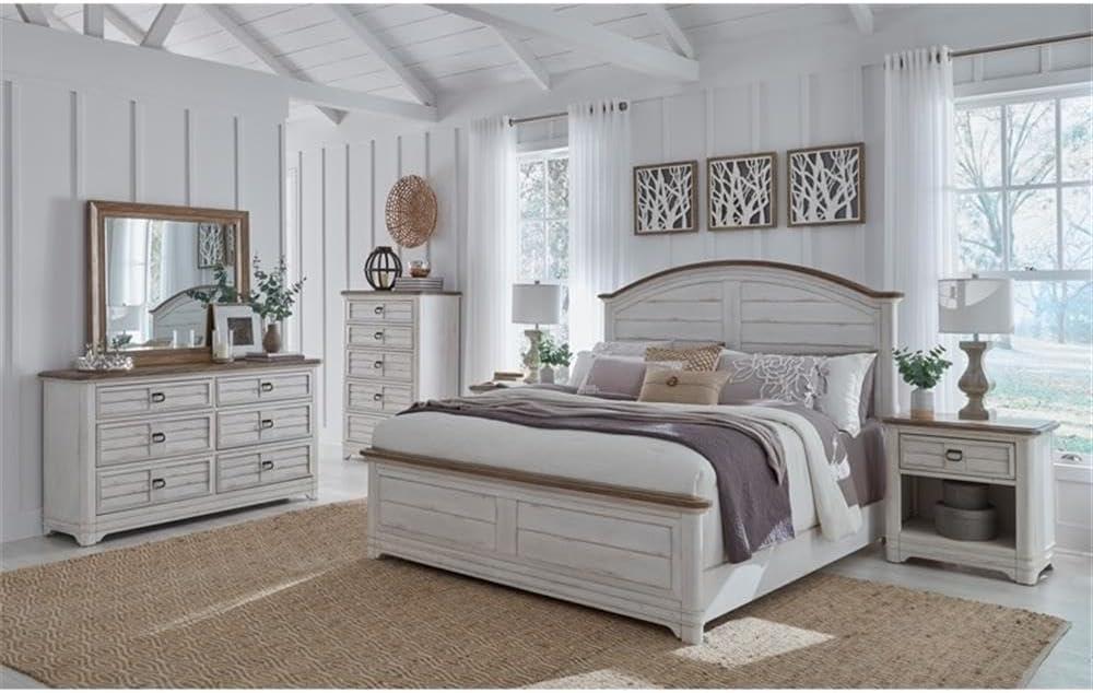 Meadowbrook White-Washed Pine King Panel Bed with Arched Headboard