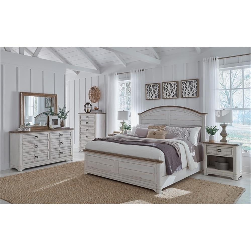 Meadowbrook White-Washed Pine King Panel Bed with Arched Headboard
