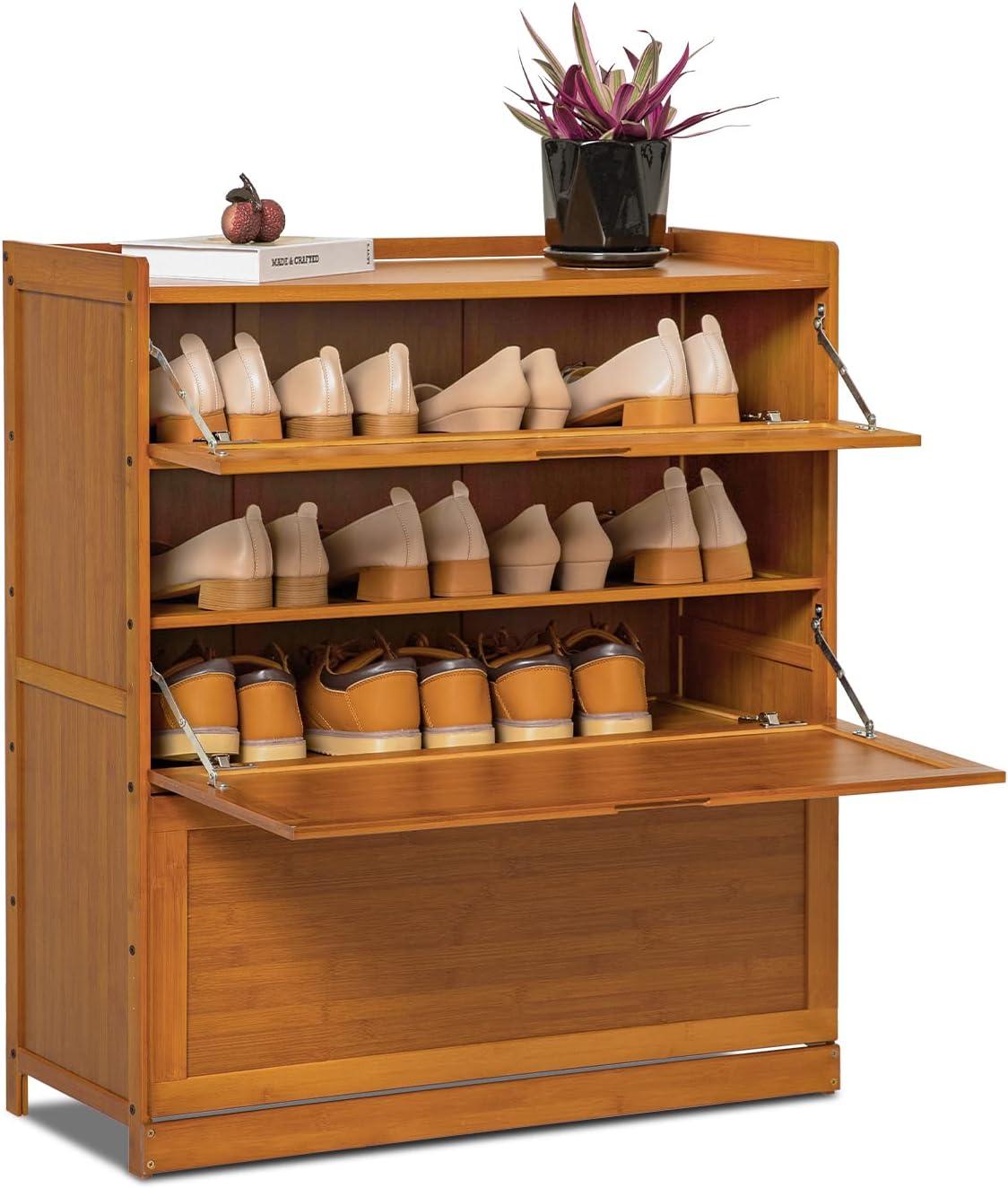 5 Tier Shoe Rack Bamboo Organizer Shelves with Door 20 Pairs High Heels Boots for Hallway Entryway