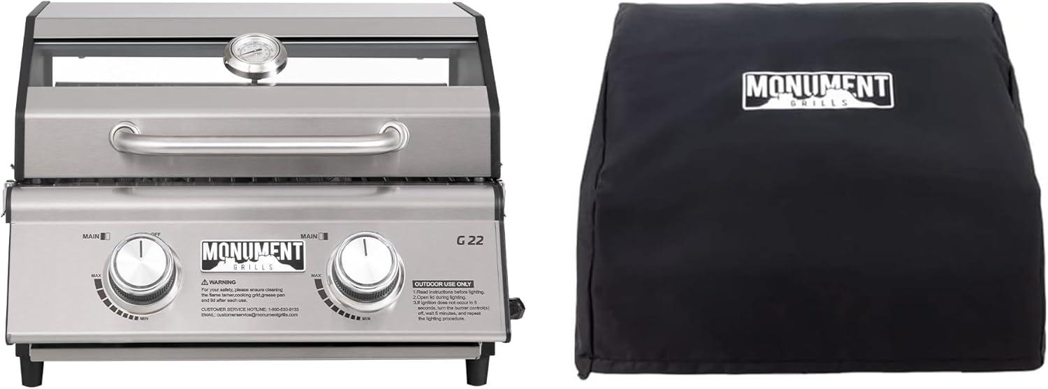 Monument Grills 13742,2-Burner Portable Stainless Steel Tabletop Propane Gas Grill with High Lid and Travel Locks, 15,000 BTU – Perfect for Family BBQs