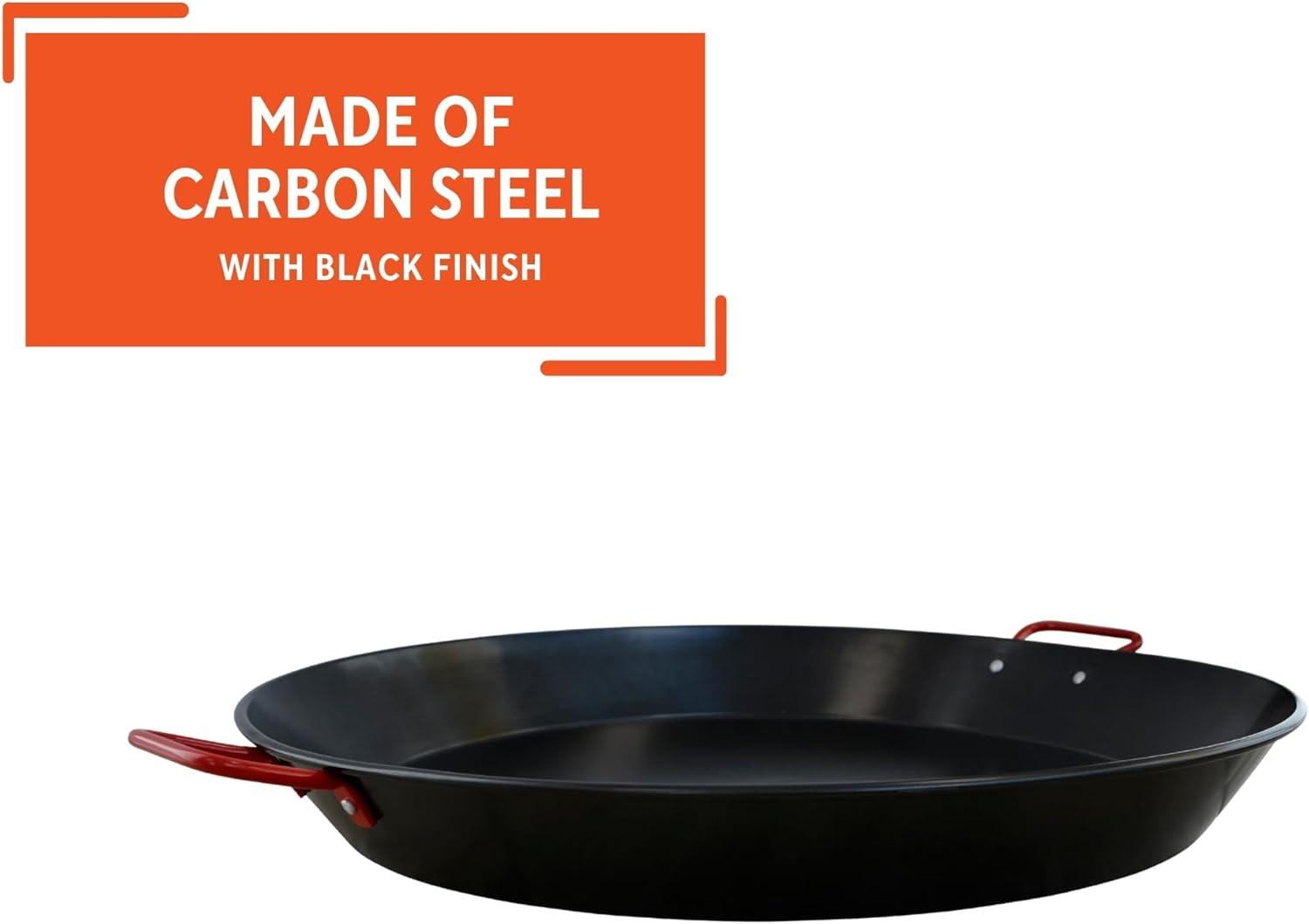 IMUSA 10" Coated Nonstick Paella Pan with Red Handles: Carbon Steel Cookware, Hand Wash, Gas & Electric Compatible