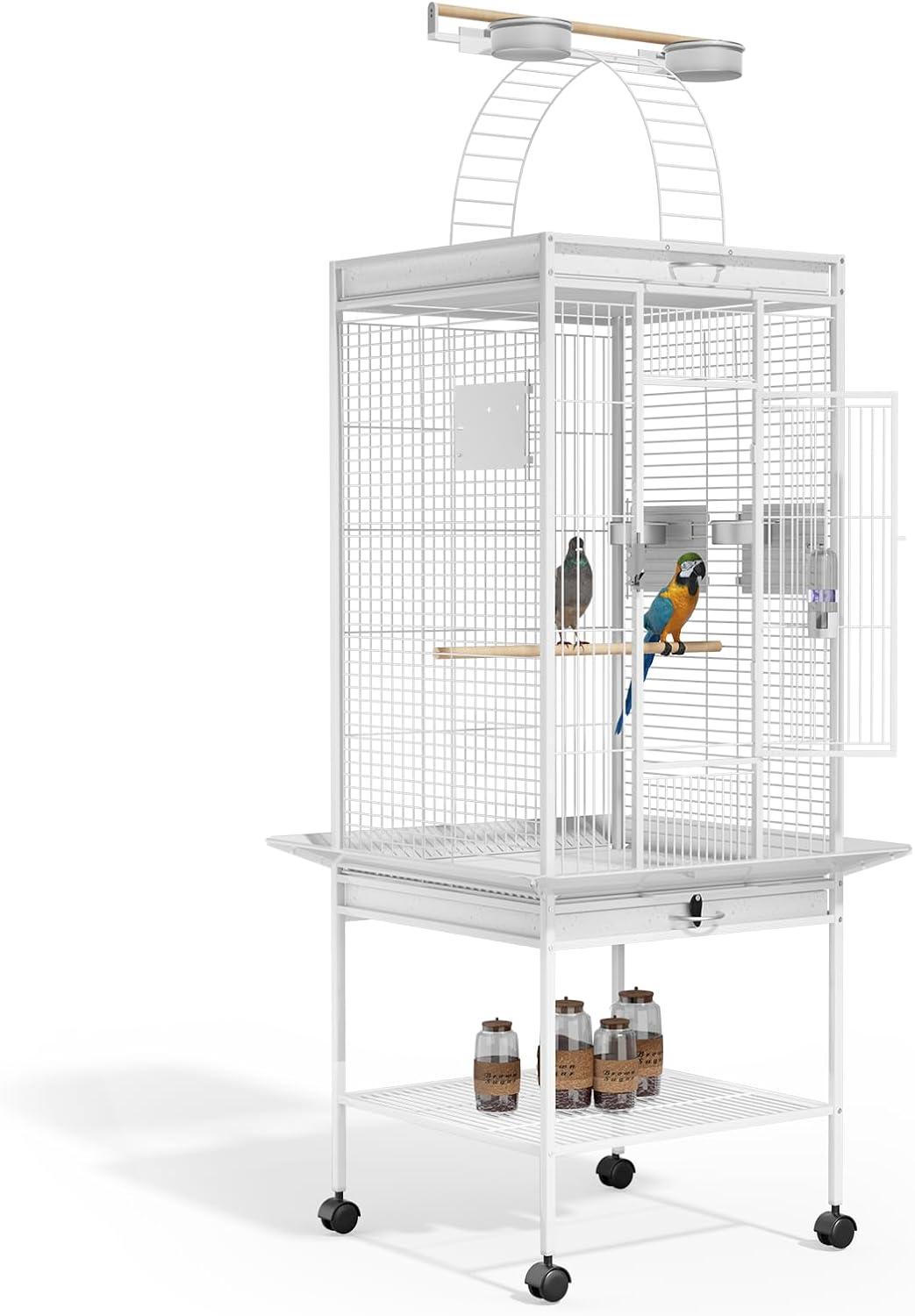 MoNiBloom 61" Large Rolling Bird Cage with 2 Perches and 4 Doors, heavy-duty wrought iron Bird Cage for Cockatiel, Sun Conure, Parakeet, Finch, Budgie, Lovebird and Canary Birds, White