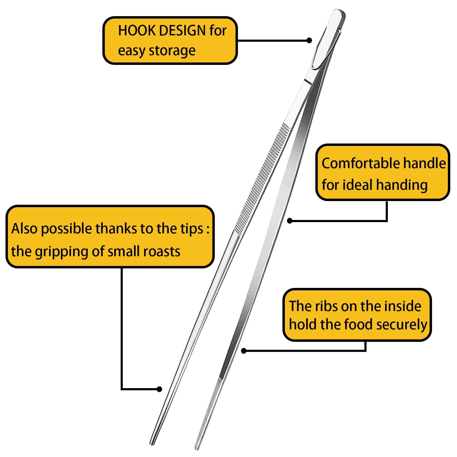 Bentne 12Inch Fine Tweezer Tongs 2pcs Extra Long Stainless Steel Tweezers Tongs for Outdoor BBQ Daily Cooking
