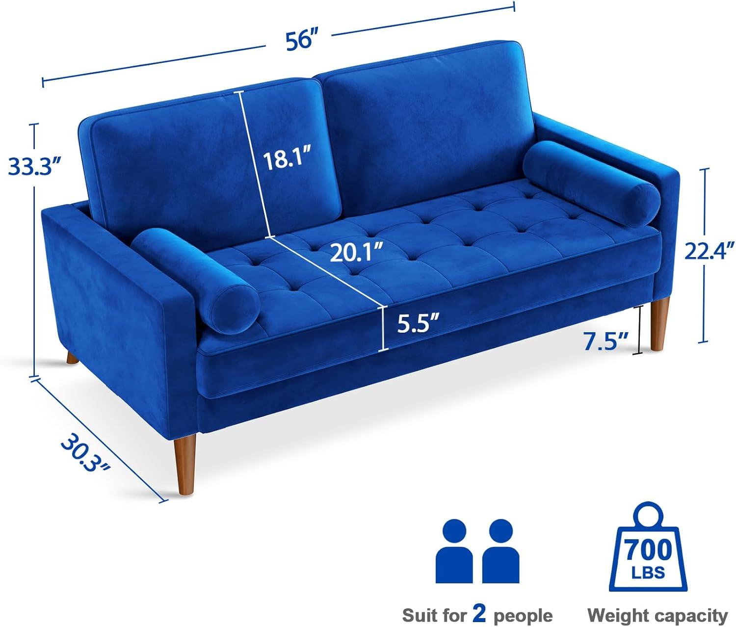Vesgantti Loveseat Sofa, 56" Blue Velvet Couch Small Couch Love Seat Sofa with Tufted Seat, Mid Century Modern Couch for Living Room, Bedroom, Office, Apartment (56 Inch, Blue)