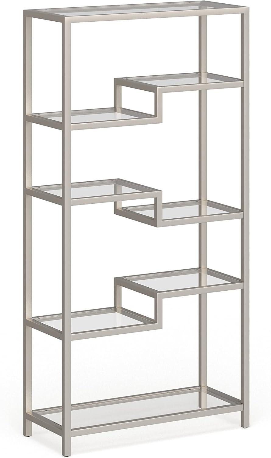 Johann Modern 68" Satin Nickel Metal and Tempered Glass Bookcase